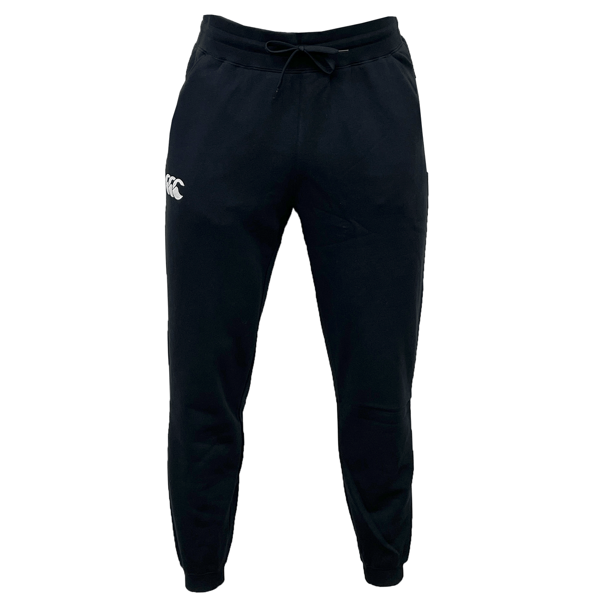Canterbury Leisure Sweatpant in black with an elastic waistband and drawstring, crafted from a sustainable blend. A white Canterbury logo is present on the left thigh.