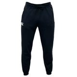 Canterbury Leisure Sweatpant in black with an elastic waistband and drawstring, crafted from a sustainable blend. A white Canterbury logo is present on the left thigh.