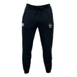 The American Fork Cavemen Leisure Sweatpant by EMB Canterbury features black organic cotton sweatpants with a drawstring waist and logos on the upper legs.