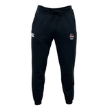 The American Fork Cavemen Leisure Sweatpant by EMB Canterbury features black organic cotton sweatpants with a drawstring waist and logos on the upper legs.
