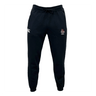 The American Fork Cavemen Leisure Sweatpant by EMB Canterbury features black organic cotton sweatpants with a drawstring waist and logos on the upper legs.