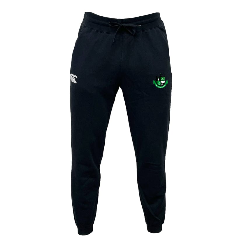 The Eno River Rugby Women's Leisure Sweatpant by EMB Canterbury is made from recycled polyester and showcases a logo on the left thigh along with a white emblem on the right thigh.
