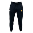Discover the ultimate comfort with EMB Canterbury's Pittsburgh Forge Leisure Sweatpant by Canterbury. Crafted from a sustainable blend of organic cotton, these black sweatpants feature a white logo on the left and a vibrant emblem on the right, offering both style and eco-friendly appeal.