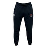 The Snoqualmie Valley Wildcats Leisure Sweatpant by EMB Canterbury features a drawstring waist and is crafted from recycled polyester. It showcases a white "CCC" logo on the left leg and a circular red and white emblem on the right.