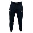 The University of Chicago Leisure Sweatpant by EMB Canterbury features black athletic sweatpants with a drawstring waist, made from recycled polyester and organic cotton. It showcases the "CCC" logo on the left thigh and "Rugby" text with an eye emblem on the right, ideal for active or leisure days.