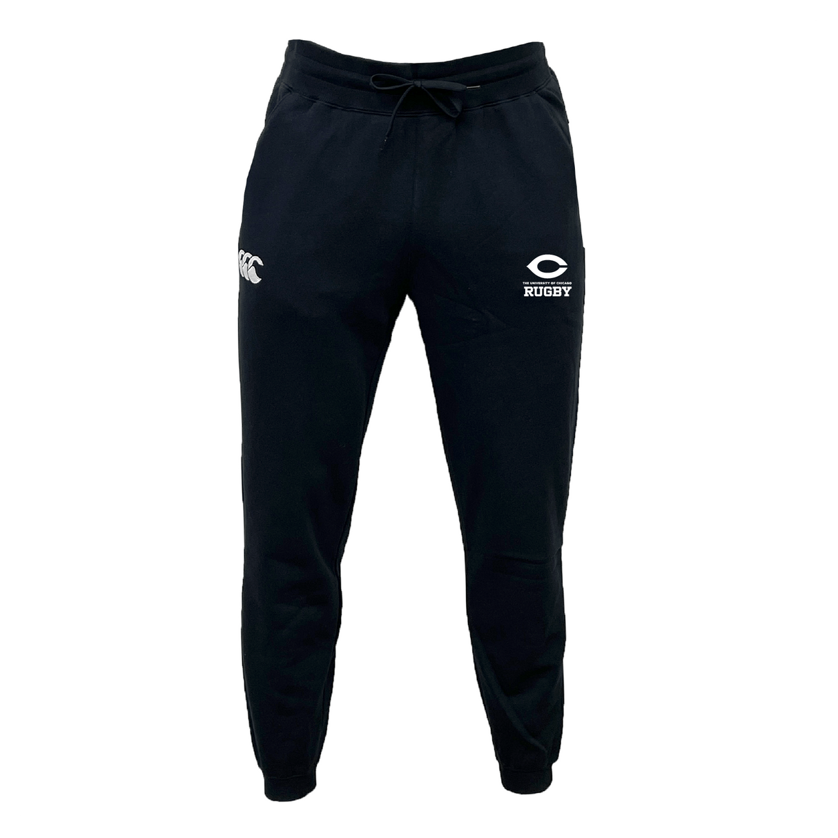 The University of Chicago Leisure Sweatpant by EMB Canterbury features black athletic sweatpants with a drawstring waist, made from recycled polyester and organic cotton. It showcases the "CCC" logo on the left thigh and "Rugby" text with an eye emblem on the right, ideal for active or leisure days.