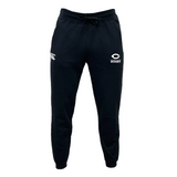 The University of Chicago Leisure Sweatpant by EMB Canterbury features black athletic sweatpants with a drawstring waist, made from recycled polyester and organic cotton. It showcases the "CCC" logo on the left thigh and "Rugby" text with an eye emblem on the right, ideal for active or leisure days.