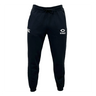 The University of Chicago Leisure Sweatpant by EMB Canterbury features black athletic sweatpants with a drawstring waist, made from recycled polyester and organic cotton. It showcases the "CCC" logo on the left thigh and "Rugby" text with an eye emblem on the right, ideal for active or leisure days.