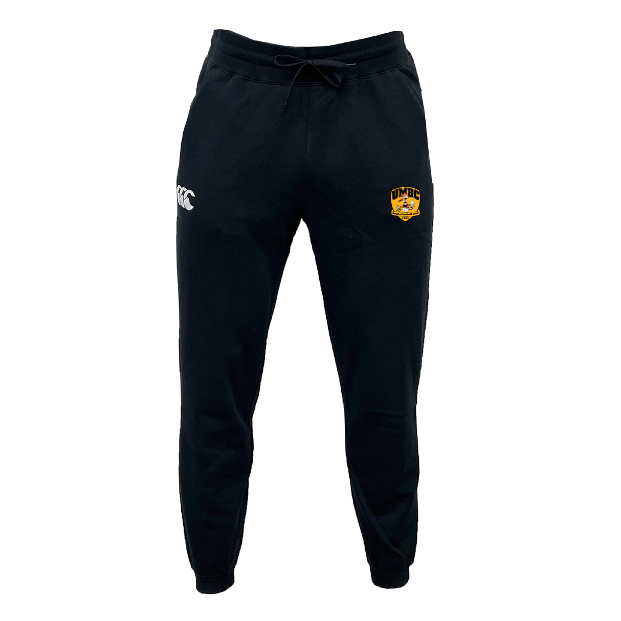 The University of Maryland Baltimore County Rugby Leisure Sweatpant by EMB Canterbury features the CCC logo on the left pocket, UMBC logo on the right thigh, and is crafted from recycled polyester with a drawstring waist.