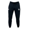 The Woodlands Rugby Leisure Sweatpant by EMB Canterbury are black joggers made from recycled polyester, featuring a drawstring waistband and two white front logos: "cc" and a shamrock with "Ireland Rugby." Stylish, sustainable leisurewear.