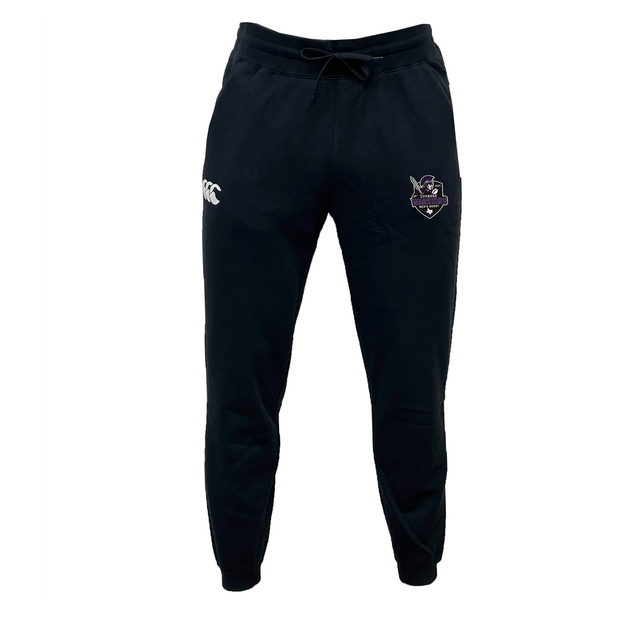 The Cypress Warriors Men's Rugby Leisure Sweatpant by EMB Canterbury features a white Canterbury logo on the left thigh, team crest on the right, and is made from recycled polyester fleece. Shown on a plain white background.