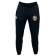 The EMB Canterbury RVA T.R.C. Leisure Sweatpant by Canterbury is a pair of black athletic pants with a drawstring waist, made from recycled polyester fleece, showcasing a white EMB Canterbury logo on the left thigh and a multicolored RVA soccer badge on the right thigh, displayed against a white background.
