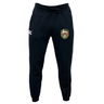 The EMB Canterbury RVA T.R.C. Leisure Sweatpant by Canterbury is a pair of black athletic pants with a drawstring waist, made from recycled polyester fleece, showcasing a white EMB Canterbury logo on the left thigh and a multicolored RVA soccer badge on the right thigh, displayed against a white background.
