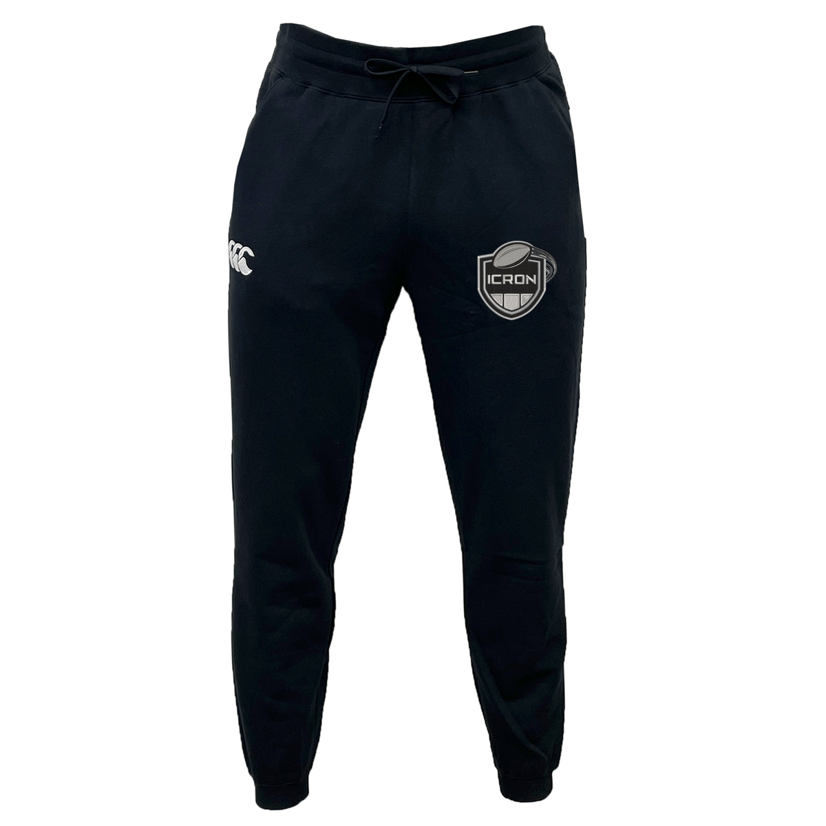 Black organic cotton ICRON Leisure Sweatpant by Canterbury with a drawstring waist, a small logo on the right thigh, and an ICRON shield patch on the left.