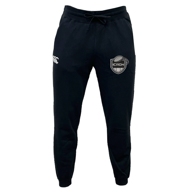 Black organic cotton ICRON Leisure Sweatpant by Canterbury with a drawstring waist, a small logo on the right thigh, and an ICRON shield patch on the left.