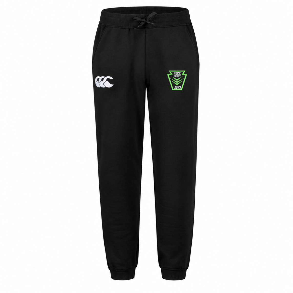 Black Rock Rugby Leisure Sweatpant by Canterbury with a drawstring waist, a white logo on the right hip, and a green and black “Rock Rugby Lions” shield logo on the left hip.