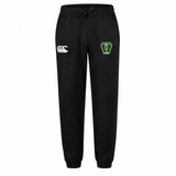 Black Rock Rugby Leisure Sweatpant by Canterbury with a drawstring waist, a white logo on the right hip, and a green and black “Rock Rugby Lions” shield logo on the left hip.