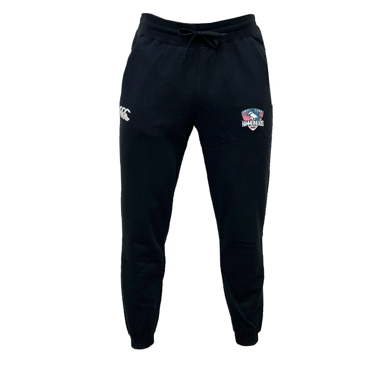 The SWFL Lady Hammerheads Leisure Sweatpant by WRS Canterbury are black joggers with a drawstring waist, made from organic cotton, featuring dual upper thigh logos and shown on a plain white background.