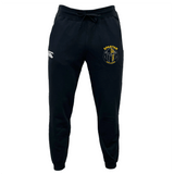 The Spartan Youth Rugby Leisure Sweatpant by EMB Canterbury features a drawstring waist, a white Canterbury logo on the left thigh, and a yellow Spartan emblem on the right.