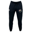 The Society of Iowa Rugby Referees Leisure Sweatpant by Canterbury from EMB Canterbury features a black athletic jogger design with a drawstring waist, a white Canterbury logo on the right, and a round patch with a pink flower and green clover on the left thigh. Made from sustainable materials like recycled polyester, these sweatpants offer both comfort and style.