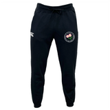 The Society of Iowa Rugby Referees Leisure Sweatpant by Canterbury from EMB Canterbury features a black athletic jogger design with a drawstring waist, a white Canterbury logo on the right, and a round patch with a pink flower and green clover on the left thigh. Made from sustainable materials like recycled polyester, these sweatpants offer both comfort and style.