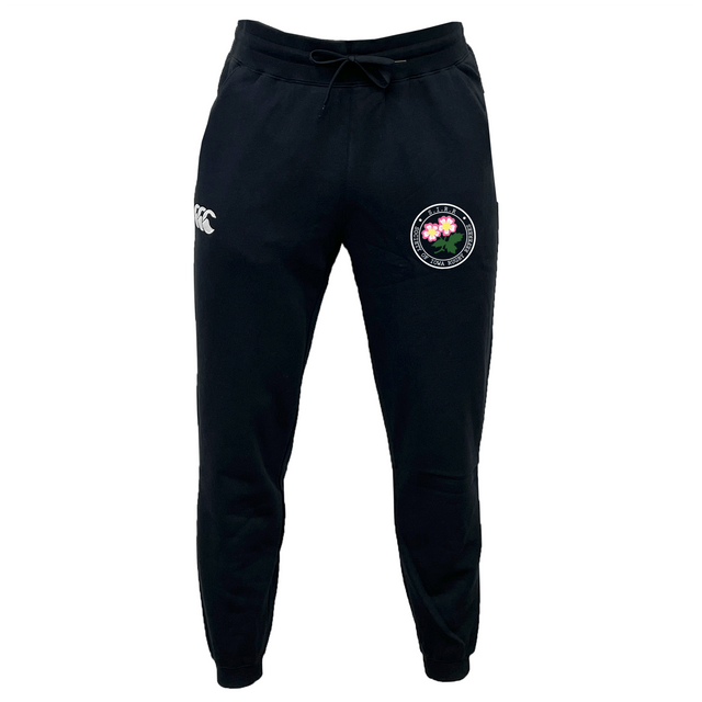 The Society of Iowa Rugby Referees Leisure Sweatpant by Canterbury from EMB Canterbury features a black athletic jogger design with a drawstring waist, a white Canterbury logo on the right, and a round patch with a pink flower and green clover on the left thigh. Made from sustainable materials like recycled polyester, these sweatpants offer both comfort and style.