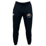 The Society of Iowa Rugby Referees Leisure Sweatpant by Canterbury from EMB Canterbury features a black athletic jogger design with a drawstring waist, a white Canterbury logo on the right, and a round patch with a pink flower and green clover on the left thigh. Made from sustainable materials like recycled polyester, these sweatpants offer both comfort and style.
