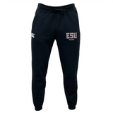 The EMB Canterbury East Stroudsburg University Leisure Sweatpant by Canterbury features "ESU Rugby" text and a white logo on the left thigh, shown in black against a plain white background.