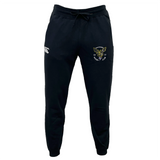 Hornets Rugby Club 1977 Leisure Sweatpants by EMB Canterbury, in black, featuring a drawstring waist, the Canterbury logo on the right thigh, and an embroidered Hornets badge with yellow and green detailing on the left thigh.