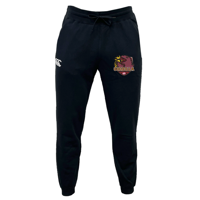 The Godzilla Rugby Football Club Leisure Sweatpant by EMB Canterbury are black athletic joggers made from organic cotton and recycled polyester, featuring a white “CCC” logo on the left thigh and a maroon and gold Griffins emblem with “GRIFFITH” text on the right thigh, displayed against a white background.