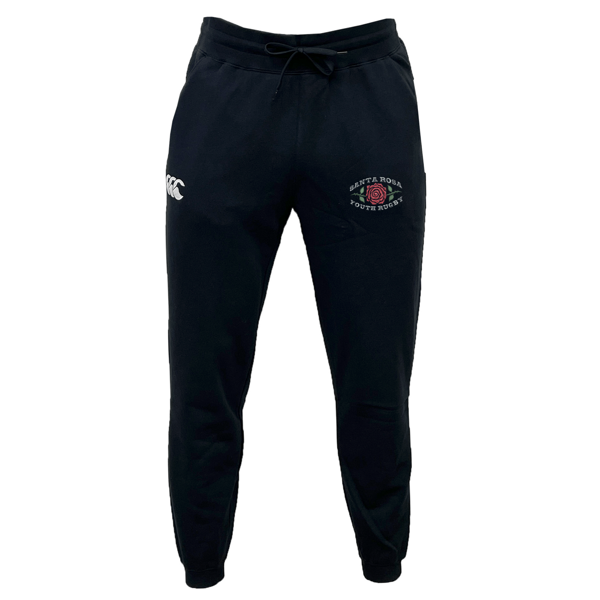 The Santa Rosa Youth Rugby Leisure Sweatpant by EMB Canterbury features a black design with a drawstring waist, made from recycled polyester fleece. It displays a white Canterbury logo on the left thigh and a Santa Rosa Rugby emblem on the right thigh, shown here against a white background.