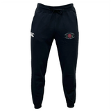 The Santa Rosa Youth Rugby Leisure Sweatpant by EMB Canterbury features a black design with a drawstring waist, made from recycled polyester fleece. It displays a white Canterbury logo on the left thigh and a Santa Rosa Rugby emblem on the right thigh, shown here against a white background.