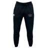 The Santa Rosa Youth Rugby Leisure Sweatpant by EMB Canterbury features a black design with a drawstring waist, made from recycled polyester fleece. It displays a white Canterbury logo on the left thigh and a Santa Rosa Rugby emblem on the right thigh, shown here against a white background.