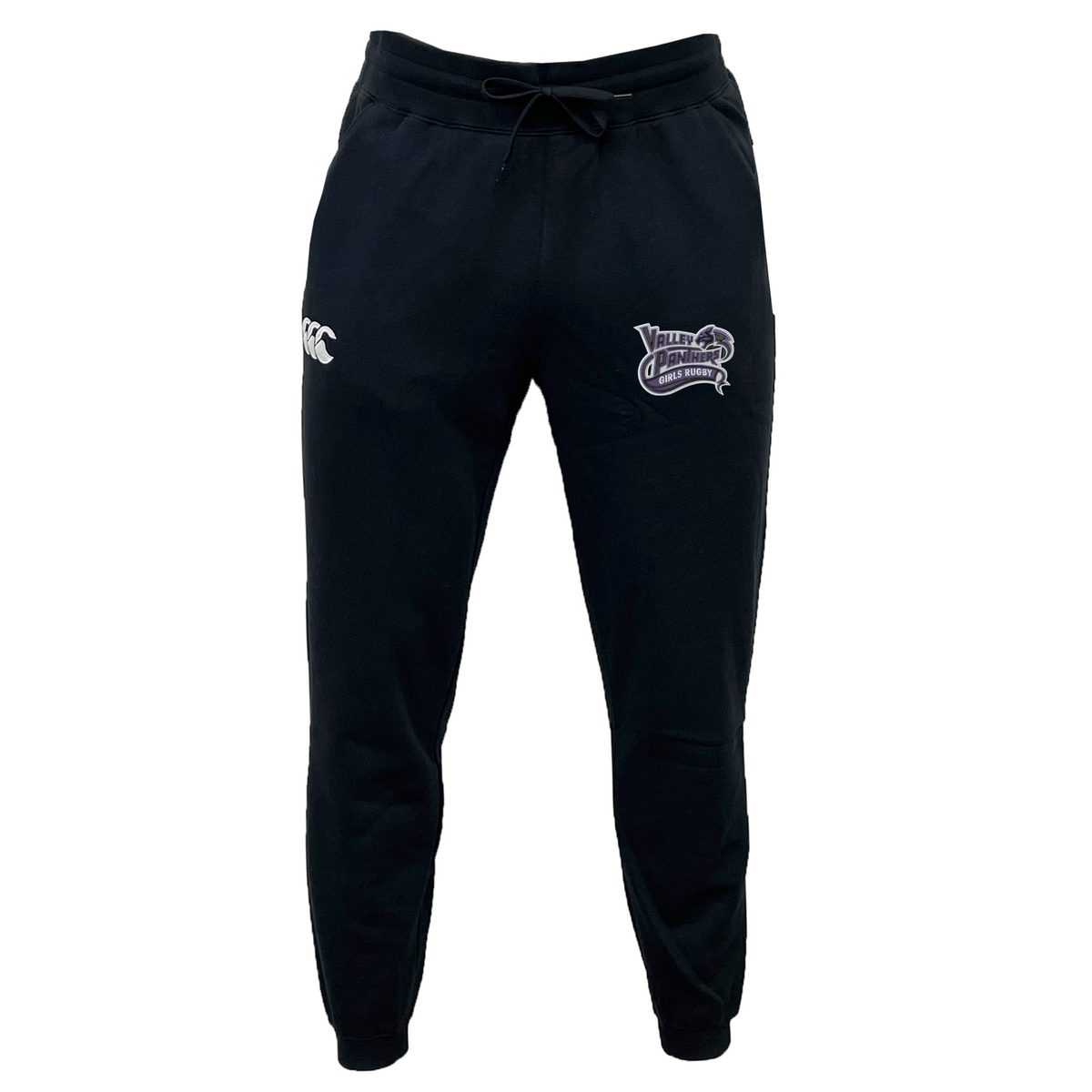 Valley Panthers Girls Rugby Leisure Sweatpant by Canterbury, featuring a drawstring waist, EMB Canterbury logo on the left thigh, and a distinctive “Valley Panthers” crest on the right thigh, crafted from sustainable materials for comfort and eco-conscious style.