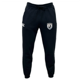 South Orange County Raptors Leisure Sweatpant by EMB Canterbury: Black athletic joggers made from recycled polyester fleece, designed with a drawstring waist, white EMB Canterbury logo on the left thigh, and South Orange County Raptors team crest on the right thigh, shown against a plain white background.