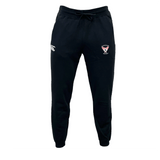 The EMB Canterbury Superior Rugby Club Leisure Sweatpant is black with a drawstring waist, white CCC logo on the left thigh, and a red and white "Rugby" badge on the right thigh, shown against a white background.