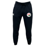 Society of Iowa Rugby Referees Leisure Sweatpant by EMB Canterbury, crafted from soft organic cotton sweatpants material, features a white logo on the right leg and a circular embroidered patch with a flower design on the left leg.
