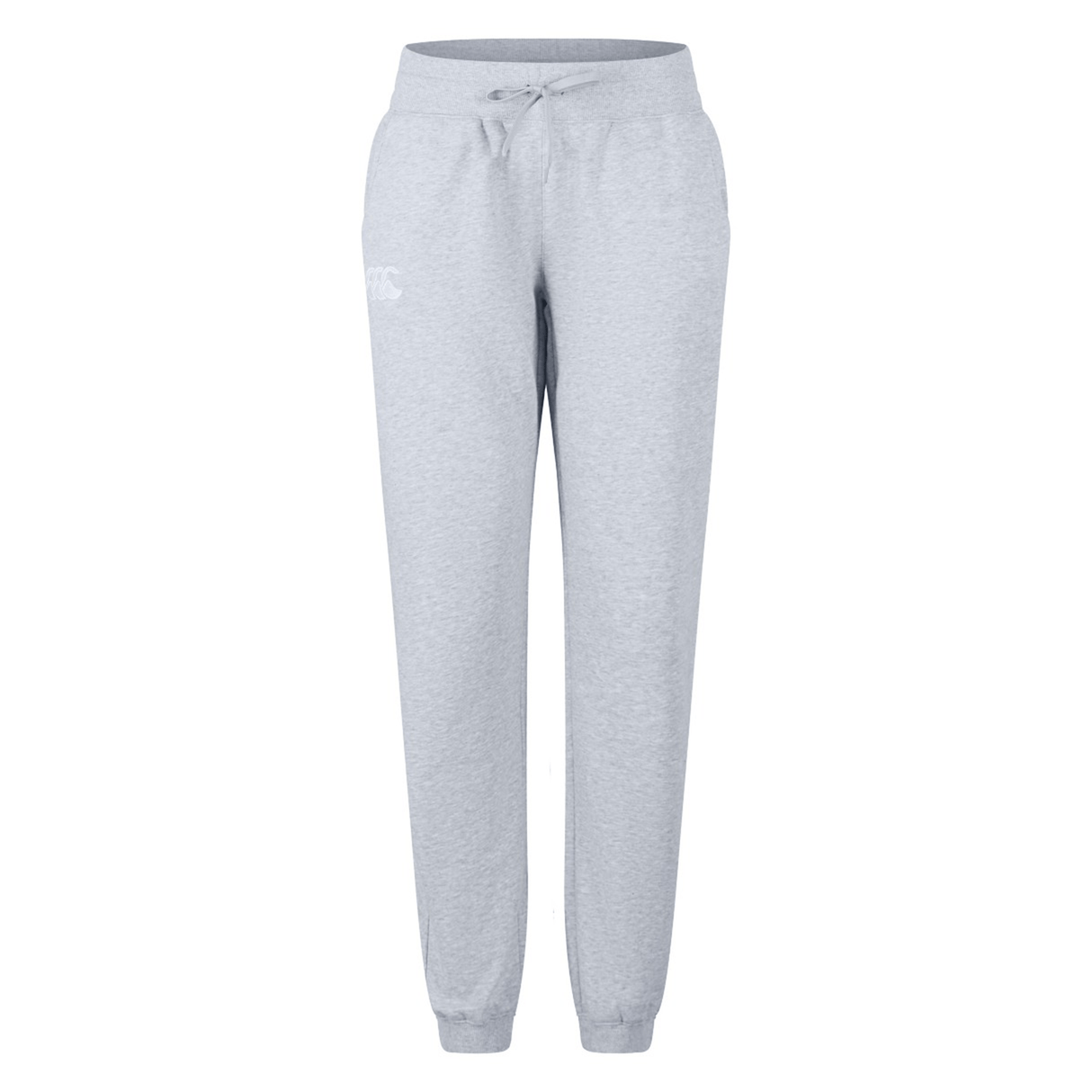 The Women's Leisure Sweatpant by Canterbury features light grey leisure sweatpants for women, designed with an elastic waistband, drawstring, and side pockets. The ribbed cuffs ensure a snug fit at the ankles. Crafted from a soft cotton blend fleece, these sweatpants deliver maximum comfort and style.