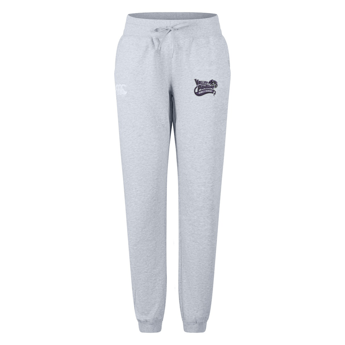 The Valley Panthers Girls Rugby Women’s Leisure Sweatpant by EMB Canterbury features a light gray design with an elastic waistband, adjustable drawstring, cuffed ankles, and two small printed logos on the upper front left and right sides. Crafted from soft organic cotton, these sweatpants provide all-day comfort.