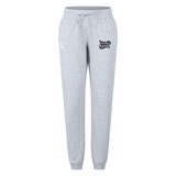 The Valley Panthers Girls Rugby Women’s Leisure Sweatpant by EMB Canterbury features a light gray design with an elastic waistband, adjustable drawstring, cuffed ankles, and two small printed logos on the upper front left and right sides. Crafted from soft organic cotton, these sweatpants provide all-day comfort.
