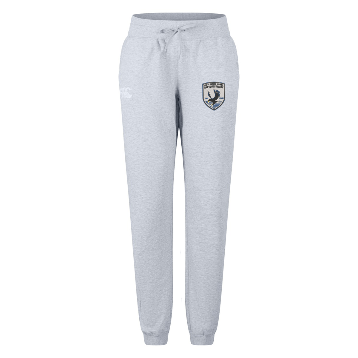 Light grey South Orange County Raptors Women’s Leisure Sweatpant by EMB Canterbury, featuring a drawstring waist, side pockets, ribbed cuffs, and a dark logo patch on the left thigh. These women’s leisure sweatpants are designed for comfort and style in any casual setting.