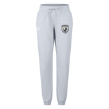 Light grey South Orange County Raptors Women’s Leisure Sweatpant by EMB Canterbury, featuring a drawstring waist, side pockets, ribbed cuffs, and a dark logo patch on the left thigh. These women’s leisure sweatpants are designed for comfort and style in any casual setting.