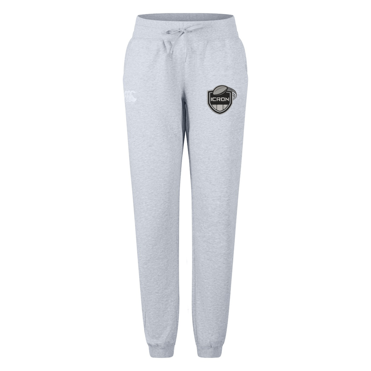 Grey heathered organic cotton ICRON Women’s Leisure Sweatpant by Canterbury with a drawstring waist, cuffed ankles, and a rugby-themed logo on the left hip.
