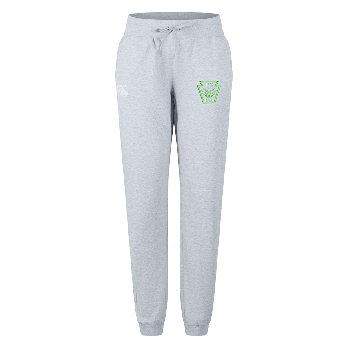 Rock Rugby Women’s Leisure Sweatpant by Canterbury in grey organic cotton with a drawstring waist, cuffed ankles, and a green Canterbury shield logo on the left hip.