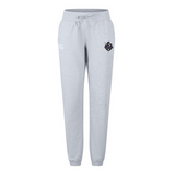 The Cypress Warriors Men's Rugby Women's Leisure Sweatpant by EMB Canterbury features light grey organic cotton, a drawstring waist, cuffed ankles, and two embroidered front logos, displayed against a white background.