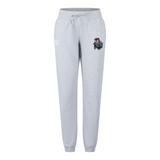 The Birmingham Iron Women’s Leisure Sweatpant by EMB Canterbury features light gray organic cotton, a drawstring waist, side pockets, and a knight’s helmet “IRON” logo—perfect for comfort and style.