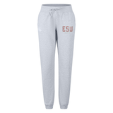 The East Stroudsburg University Women's Leisure Sweatpant by EMB Canterbury features a light gray color, drawstring waist, ribbed cuffs, white logo on the left hip, and "ESU RUGBY" in red on the right thigh for ultimate comfort and style.