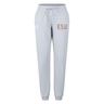 The East Stroudsburg University Women's Leisure Sweatpant by EMB Canterbury features a light gray color, drawstring waist, ribbed cuffs, white logo on the left hip, and "ESU RUGBY" in red on the right thigh for ultimate comfort and style.