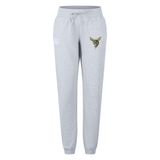 Introducing the Hornets Rugby Club 1977 Women's Leisure Sweatpant by EMB Canterbury: a light gray sweatpant featuring a bee graphic on the left thigh and a white text logo on the right hip. Designed with an elastic waistband and drawstring for adjustable comfort, these sweatpants are crafted from soft organic cotton by Canterbury for ultimate leisure style.