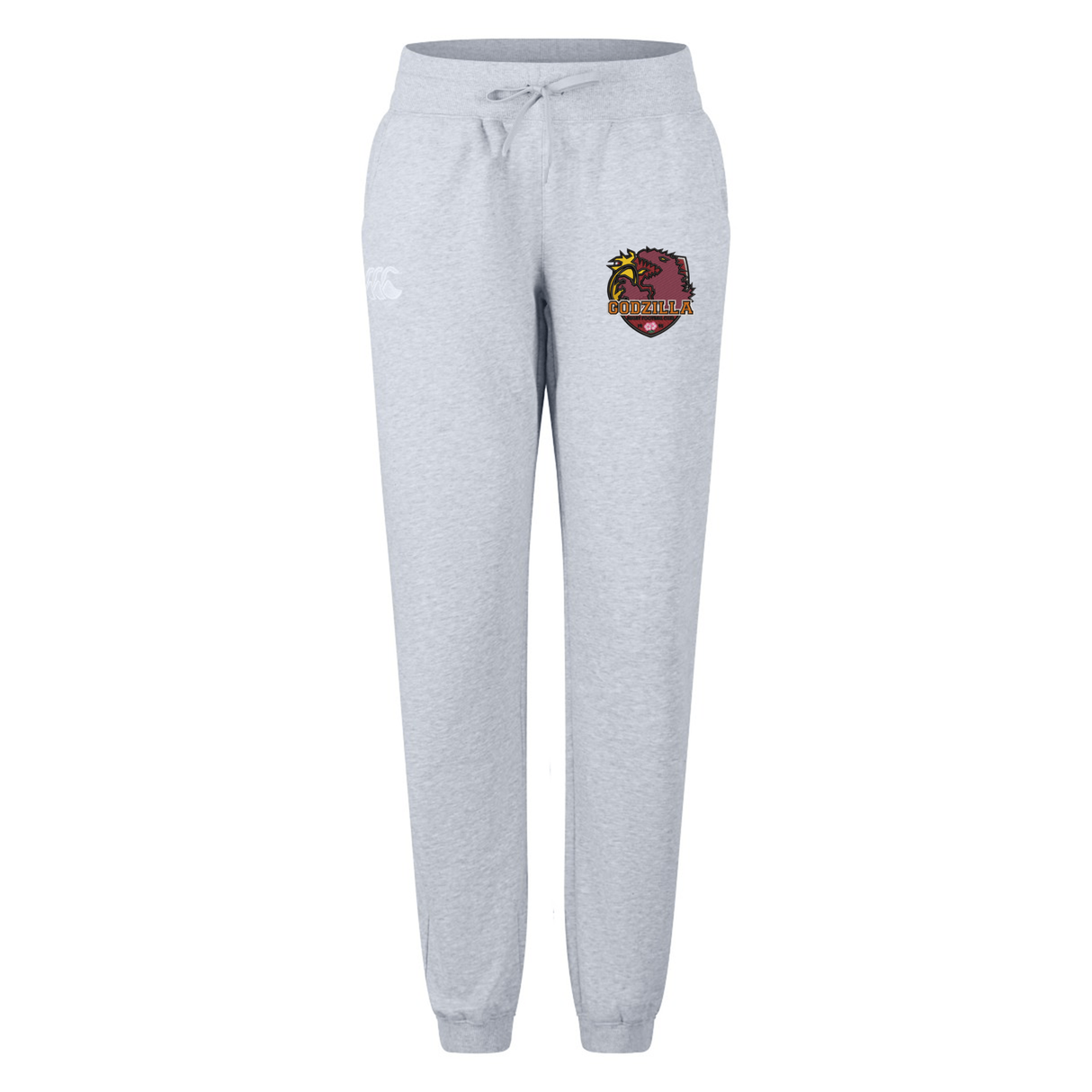 Introducing the Godzilla Rugby Football Club Women’s Leisure Sweatpant by EMB Canterbury: a light gray sweatpant made from soft organic cotton fleece, featuring a comfortable drawstring waist and a vibrant embroidered patch of the Godzilla RFC rooster and shield on the left thigh.